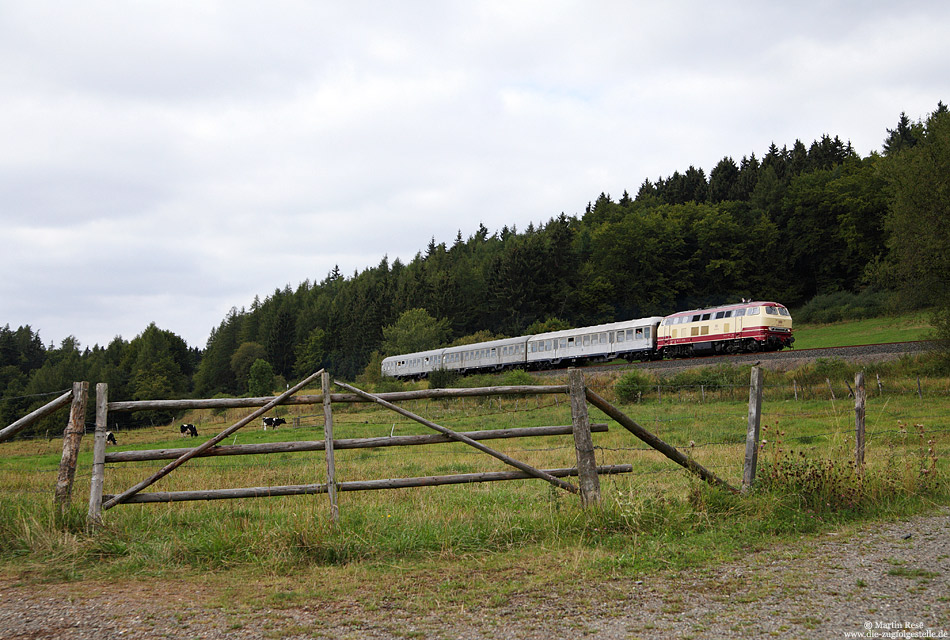 Am Nachmittag des 1.9.2012 begab ich mich für ein paar Fotos an die Strecke. Leider hat das Wetter nicht wirklich mitgespielt. Nahe des ehemaligen Haltepunktes Böminghausen fährt die 218 105 der Westfrankenbahn mit dem DPE20869 nach Korbach.