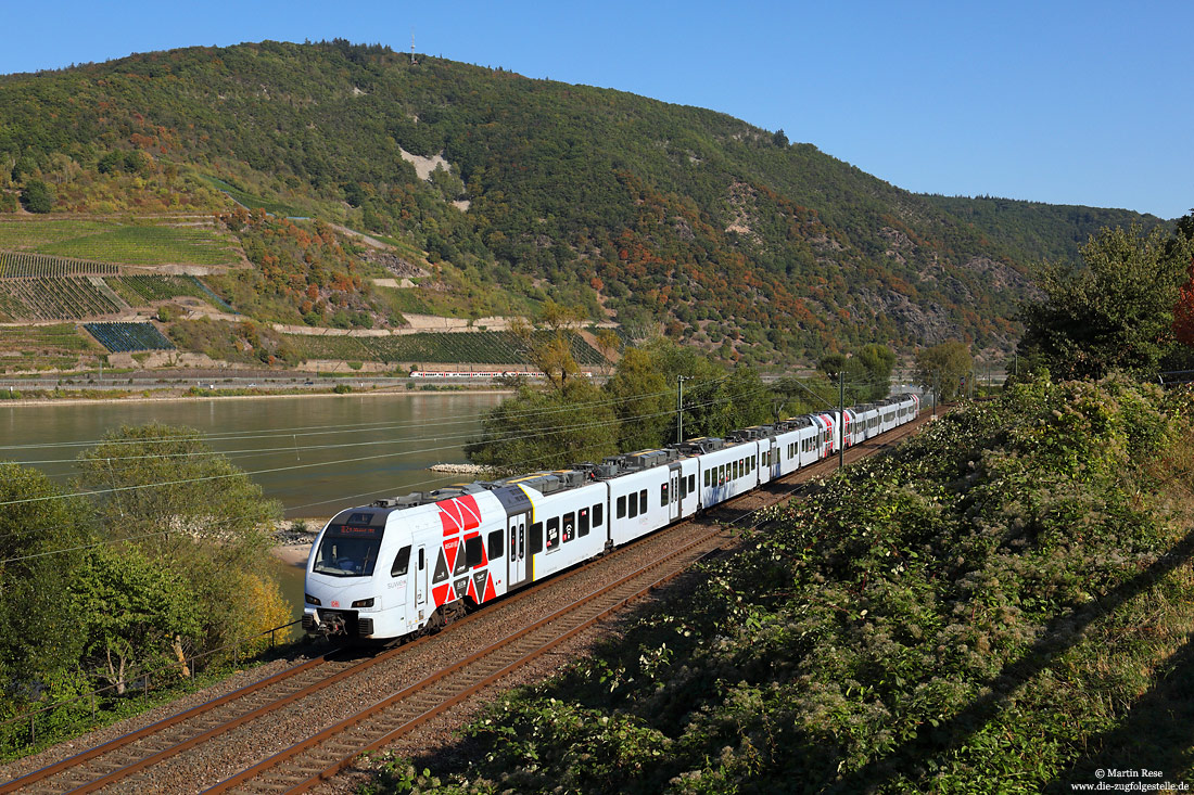 Unterwegs als RE4260 (Frankfurt/Main Hbf – Koblenz Hbf) eilt der 429 107 und 429 112 bei Trechtingshausen durch das spätsommerliche Rheintal.